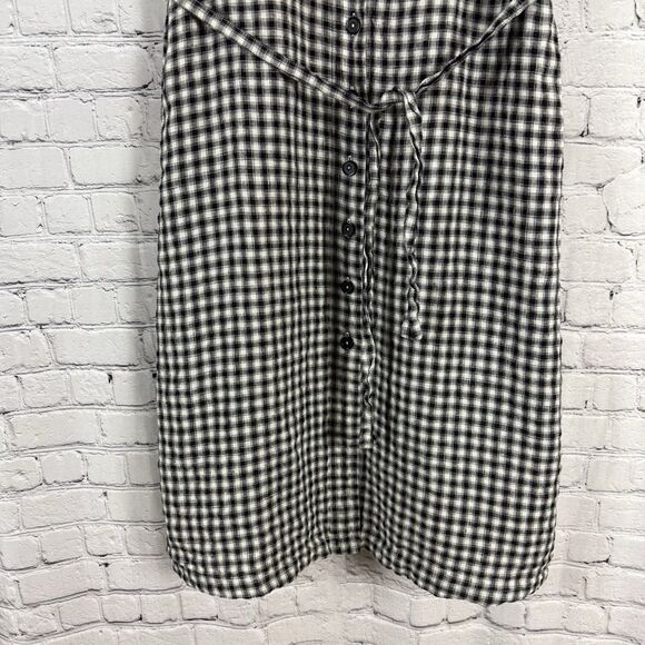 QUINCE 100% European Linen Button Front Dress Khaki Black Gingham L - Picture 7 of 13